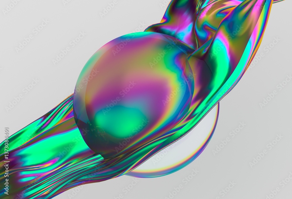 Aufkleber Vibrant 3D illustration showcasing a swirling iridescent wave enveloping a translucent sphere, creating a dynamic and futuristic visual effect.