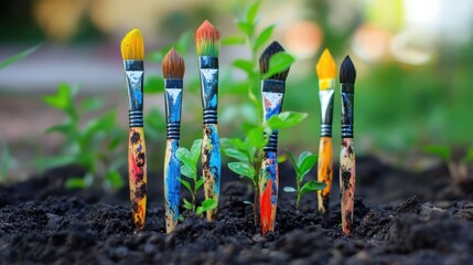 Vibrant Paintbrushes Sprouting in Soil Surrounded by Young Green Plants in an Abstract and Artistic Composition