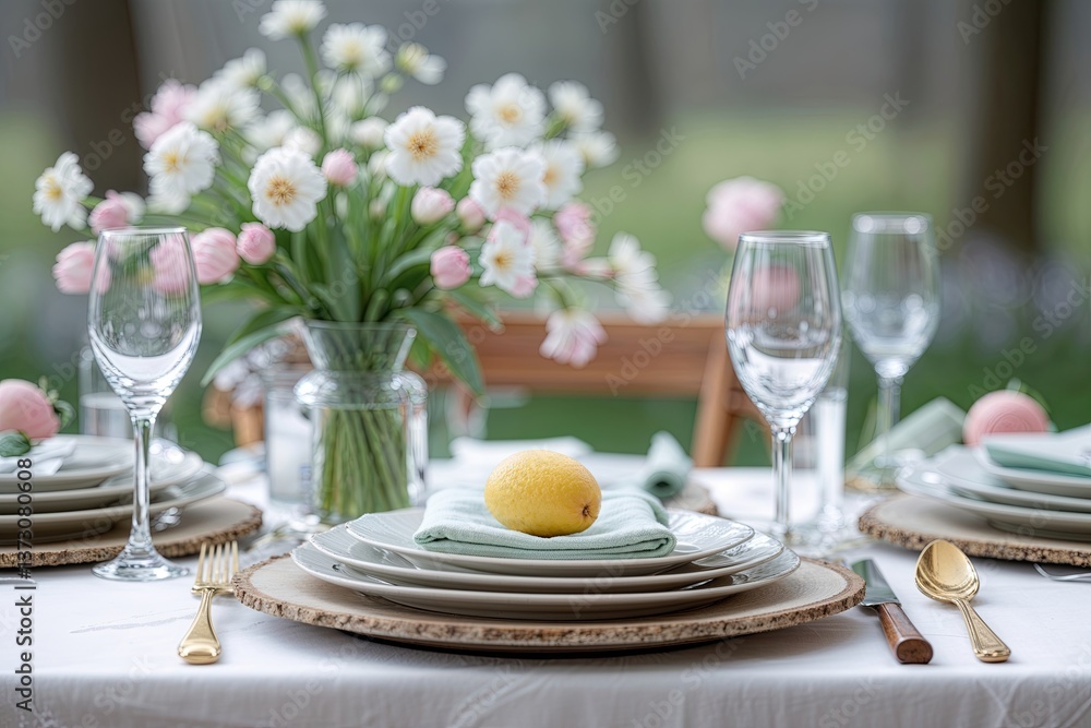 Poster spring table setting with soft blurred background for elegant showcase