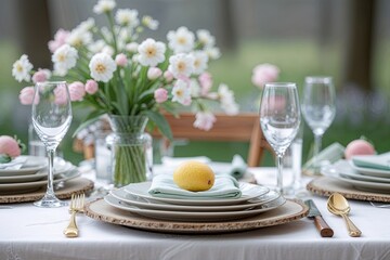 Fototapeta premium Spring Table Setting with Soft Blurred Background for Elegant Showcase