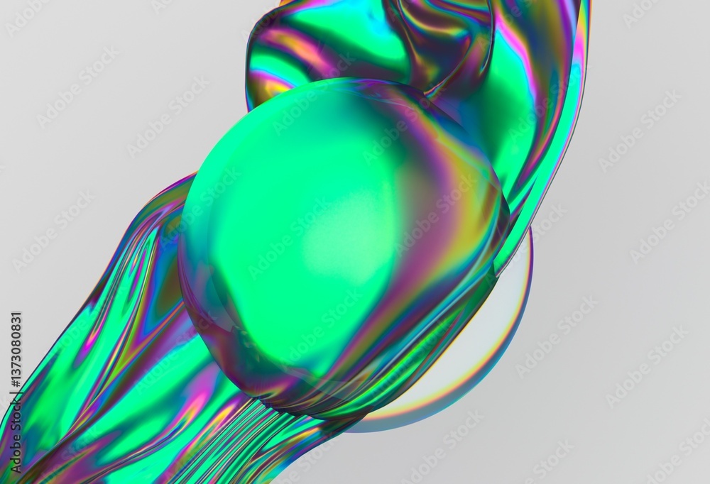 Leinwandbilder Vibrant 3D illustration showcasing a swirling iridescent wave enveloping a translucent sphere, creating a dynamic and futuristic visual effect.