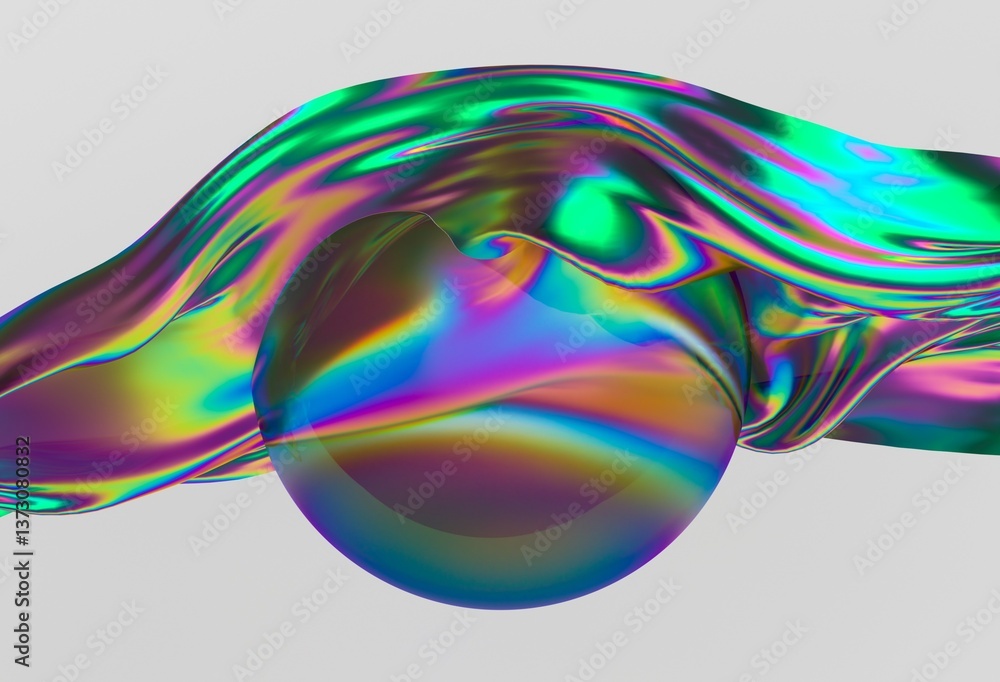 Aufkleber Vibrant 3D illustration showcasing a swirling iridescent wave enveloping a translucent sphere, creating a dynamic and futuristic visual effect.
