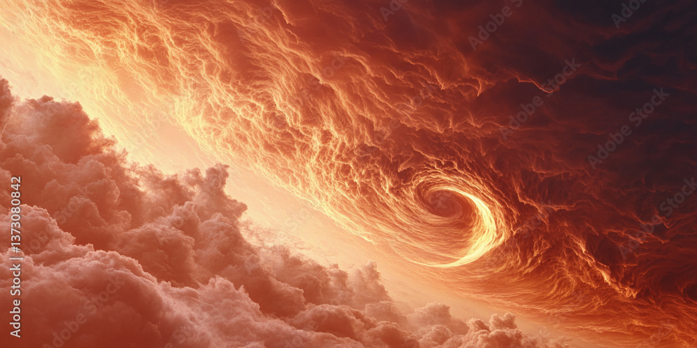 Poster Fiery orange clouds swirl in a vortex, creating a dramatic, dynamic sky scene.  The image evokes feelings of power and intensity, ideal for fantasy or abstract concepts