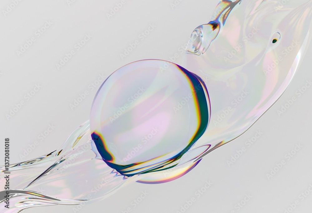 Poster Delicate 3D illustration of a translucent sphere set against a soft, flowing iridescent background, creating an ethereal and minimalist aesthetic.