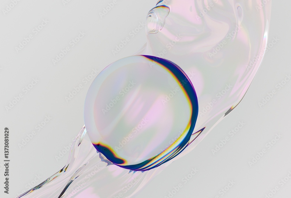 Poster Delicate 3D illustration of a translucent sphere set against a soft, flowing iridescent background, creating an ethereal and minimalist aesthetic.
