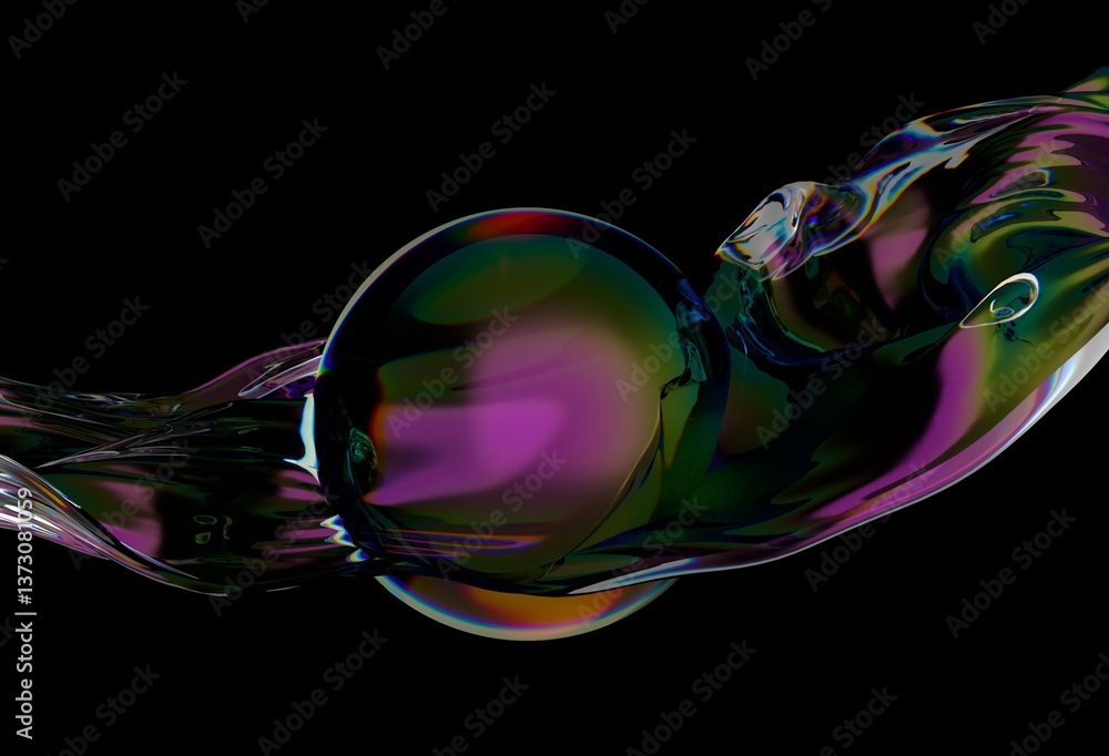 Poster 3d illustration of a dark, iridescent wave encircling a reflective sphere, set against a black backg