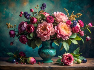 Obraz premium Luxurious dark teal floral arrangement with vintage roses, peonies, berries, and eucalyptus in an elegant vase