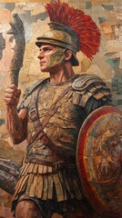 Obraz premium Painting of warrior wearing helmet and armor holding shield and