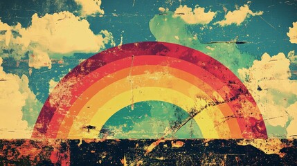 Colorful rainbow arches over a distressed horizon with clouds and