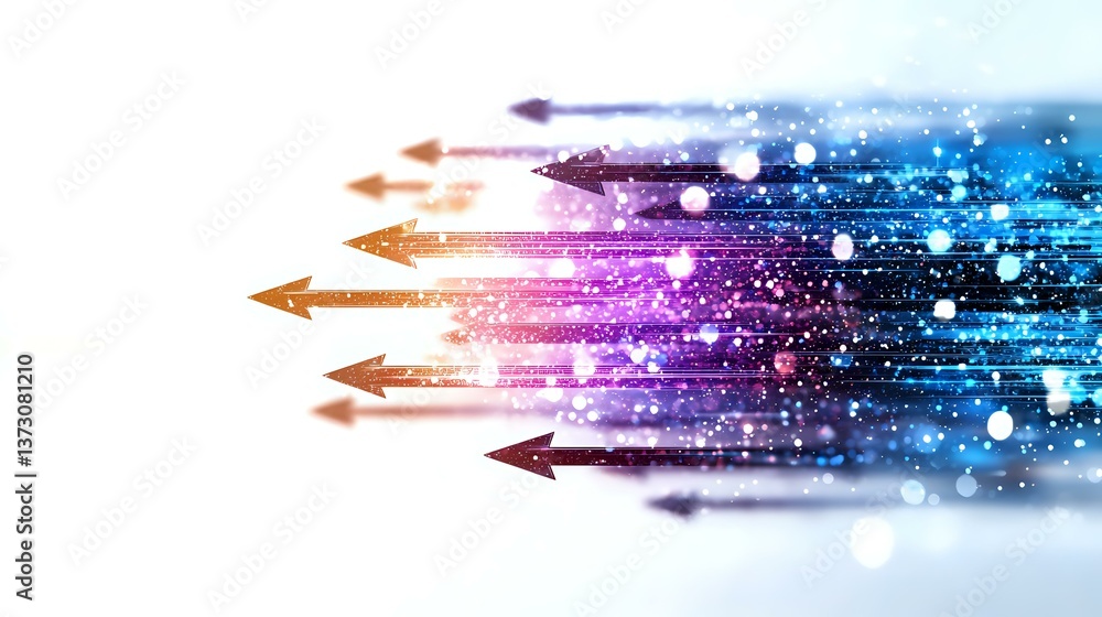 Poster glowing arrows moving forward through cosmic space with sparkles and light trails, symbolizing digit