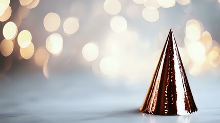 Metallic rose gold party hat on soft blurred bokeh background with festive lights creates magical celebratory atmosphere for holiday designs and party invitations.