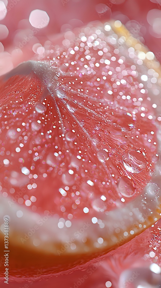Poster macro shot of fresh pink grapefruit slice with water droplets and sparkling bokeh effect creating dr