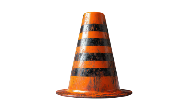 Striped traffic safety cone displayed on a white background
