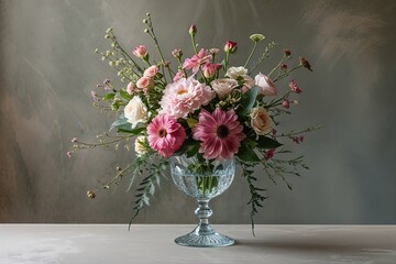 Elegant Glass Chalice with Beautiful Floral Bouquet on Subtle Background
