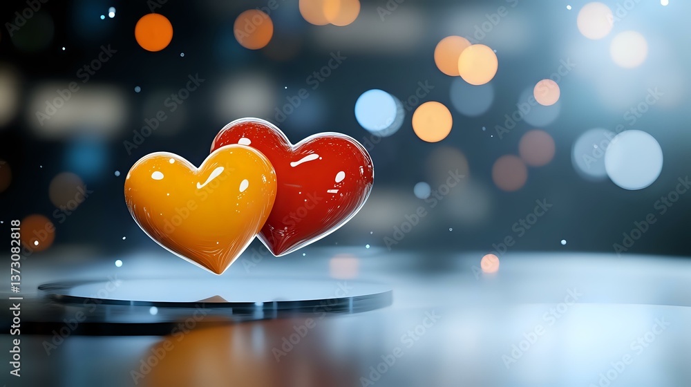 Poster red and yellow heart shapes floating above reflective surface with soft bokeh lights in blue backgro