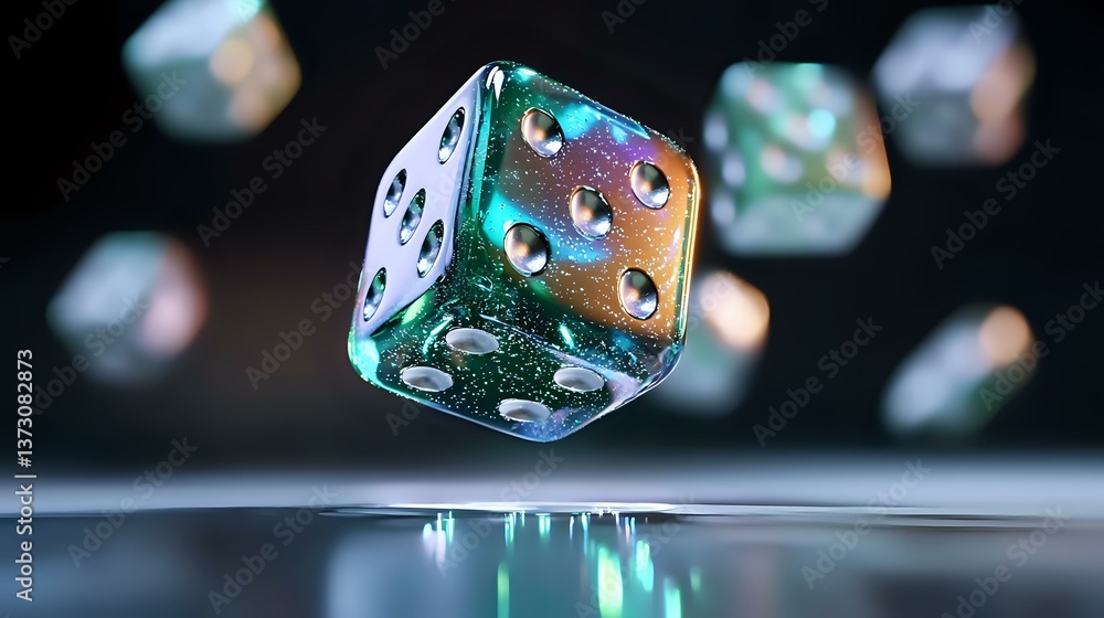 Poster translucent green and purple dice floating above reflective surface with blurred dice in background 