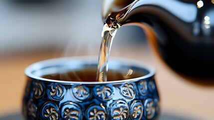 Steaming tea poured from teapot into traditional blue ceramic cup with ornate pattern design. Golden liquid stream creates dynamic pouring moment against blurred background.