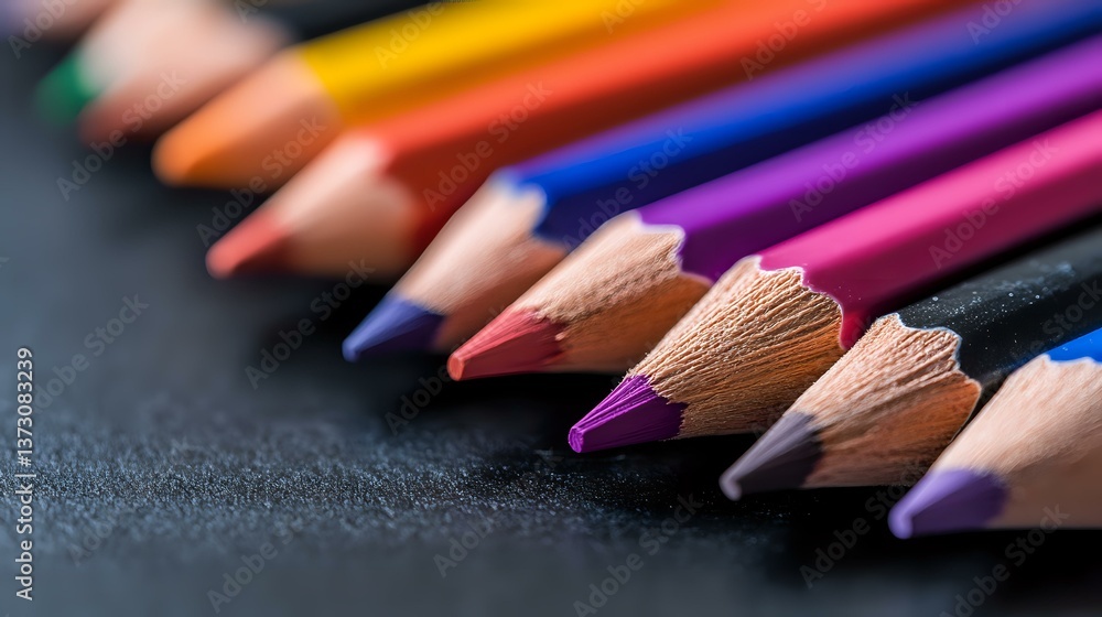 Poster vibrant colored pencils arranged in diagonal line on dark background, sharp tips in focus showing wo