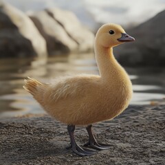 Fototapeta premium Golden goose stands on sandy shore. Fluffy yellow plumage gleams. Serene waters and rocks form backdrop in this peaceful nature scene.