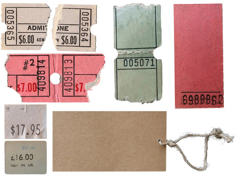 Collection of blank old torn and stained vintage tickets and price tags isolated isolated on transparent background.