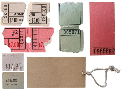 Collection of blank old torn and stained vintage tickets and price tags isolated isolated on transparent background.