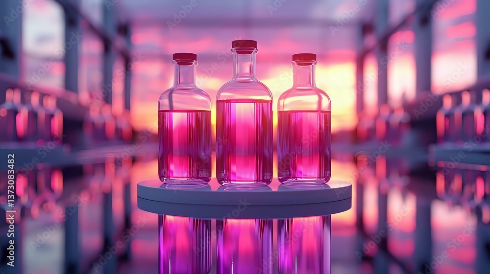 Poster glass bottles with pink liquid on reflective surface against blurred background in magenta and purpl