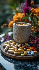 Fototapeta premium Glass bowl with softgel capsules and red supplements on marble table in bright interior – natural vitamins and pharmaceutical concept