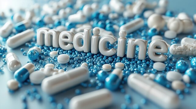 The word “medicine” formed by white glossy letters surrounded by blue and white pills on light background – pharmaceutical concept for healthcare and medical industry