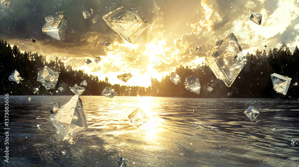 Poster a tranquil lake featuring ice floating serenely on its surface with soft lighting creating a peacefu