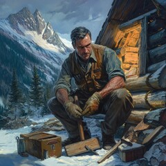 Rugged man working on a log cabin in a mountain clearing surrounded by autumn trees and snowcapped peaks. Dressed in work clothes and gloves, he holds tools in a determined pose.