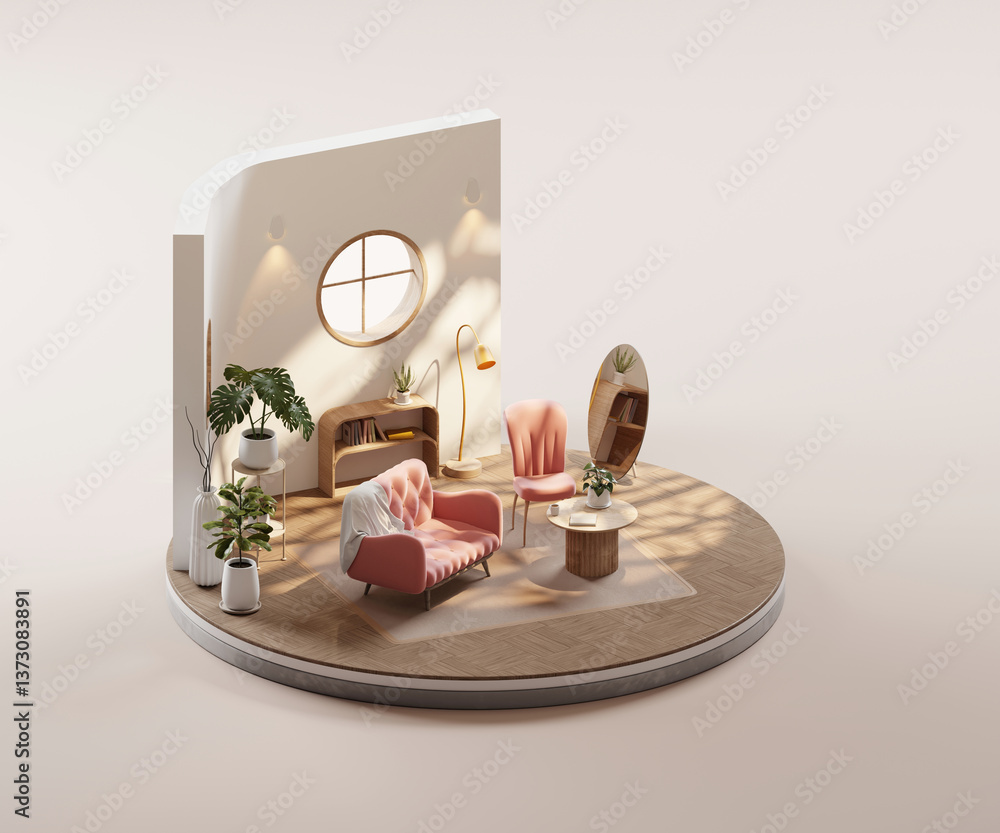 Poster isometric view round living room muji style open inside interior architecture 3d rendering