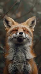 Fototapeta premium Red fox with closed eyes and content expression against blurred natural background, showing peaceful and serene moment in wildlife photography.