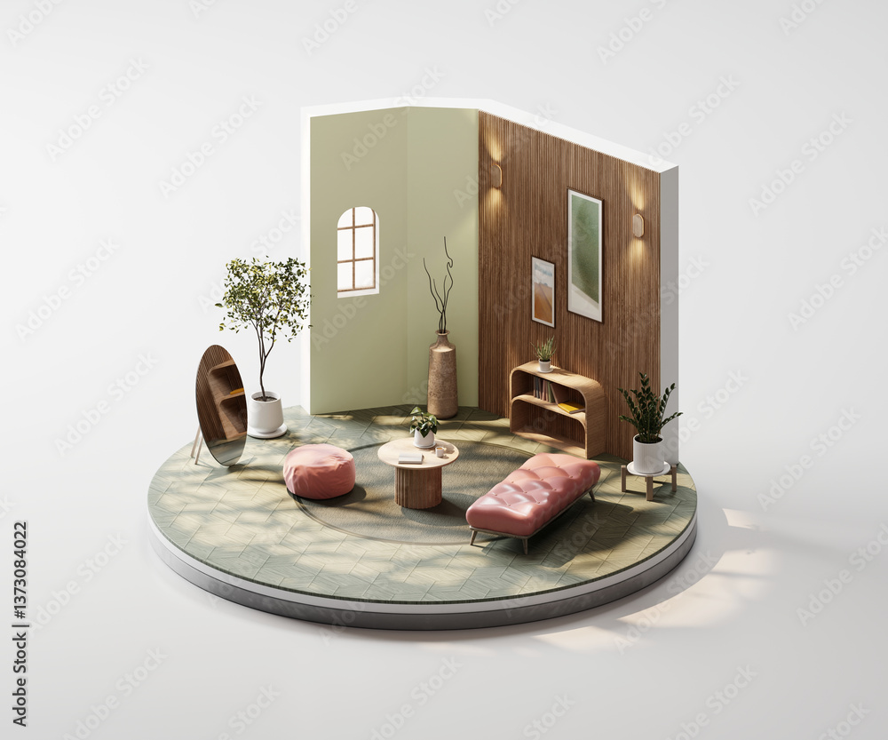Poster isometric view round living room muji style open inside interior architecture 3d rendering