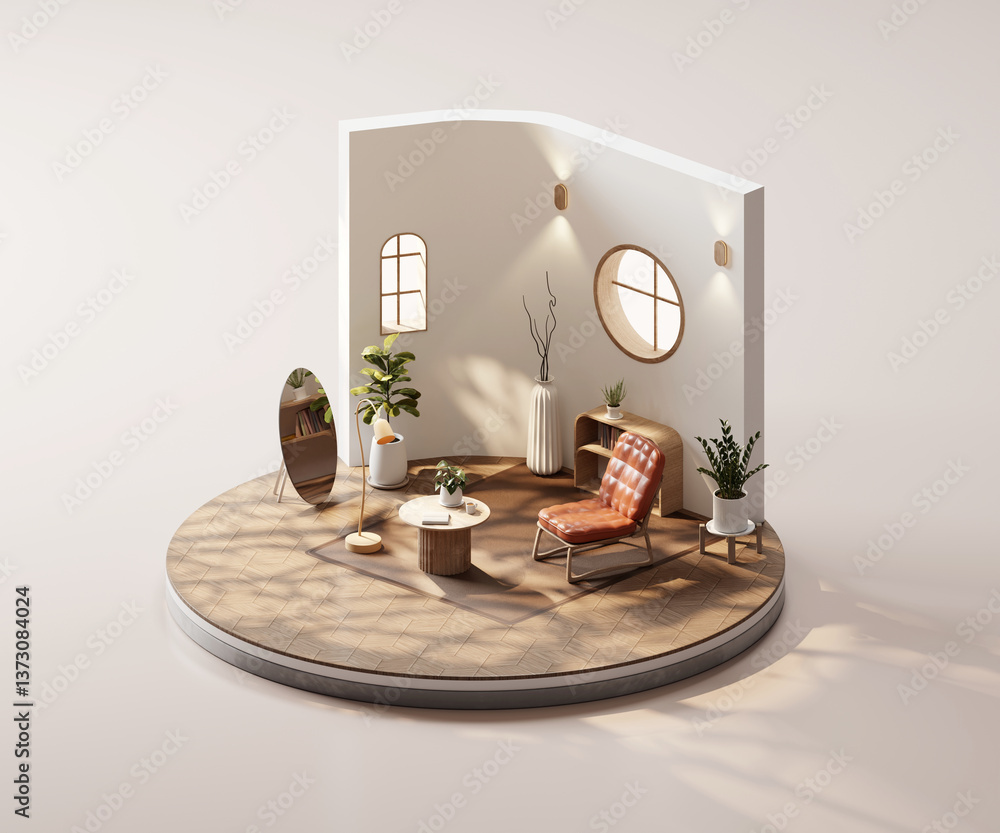 Poster isometric view round living room muji style open inside interior architecture 3d rendering