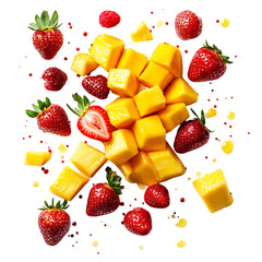 A Burst of Mango Pineapple and Strawberries Scattering Isolated on Transparent Background