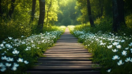 Obraz premium A serene wooden pathway traverses a vibrant forest landscape bathed in light