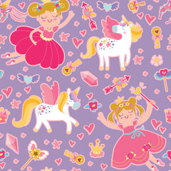 Vector childish seamless pattern with fairy and unicorn, stars, crystals, other elements. Fairy with a magic wand