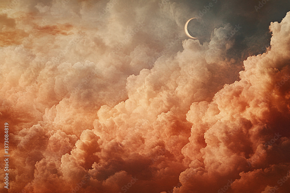 Poster orange and brown cloudscape, crescent moon visible, creating a dramatic and atmospheric scene suitab
