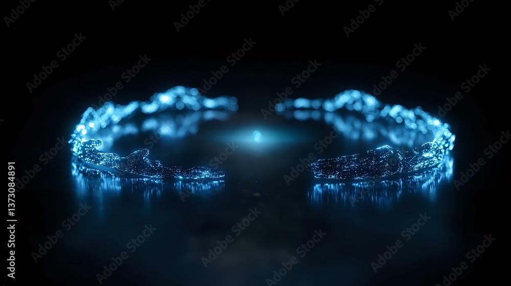 Poster glowing blue energy arc forms semicircle shape on dark background with light reflection, creating fu
