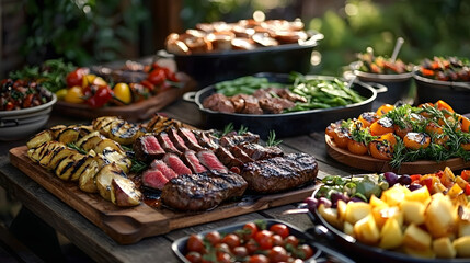 Grilled steak and vegetable buffet laid out on a wooden table, representing outdoor dining and gourmet cooking. Good for culinary blogs or advertising.