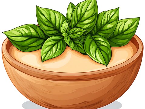 green basil leaves in wooden bowl clip art preview
