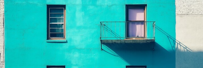Obraz premium Turquoise building facade with windows and a small balcony in