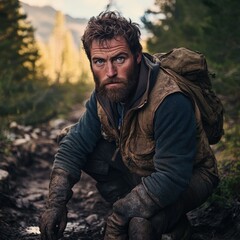 Portrait of a rugged bearded man with a weathered look crouching in a misty forest setting. Wearing a hoodie and vest, his expression conveys toughness and survival spirit.