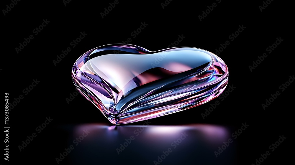 Poster glossy transparent heart shape with pink and blue iridescent reflections floating on dark background