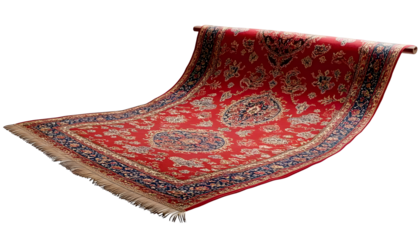 Red flying magic carpet with oriental ornament on transparent background. Woven silk rug hovers mid-air. Ornate arabian textile from fairy tale, fantasy, luxury lifestyle with history.