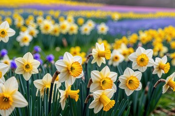 Fototapeta premium Colorful Daffodil Fields in Bright Spring Sunshine