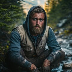 Obraz premium Portrait of a rugged bearded man with a weathered look crouching in a misty forest setting. Wearing a hoodie and vest, his expression conveys toughness and survival spirit.