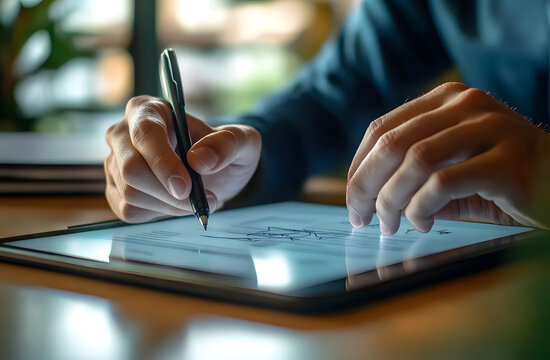 Close-up of digital contract signing on tablet with stylus pen by businessman hand. E-signature of online document using mobile device. Man fills form via touchscreen interface on table with notebook. - Powered by Adobe