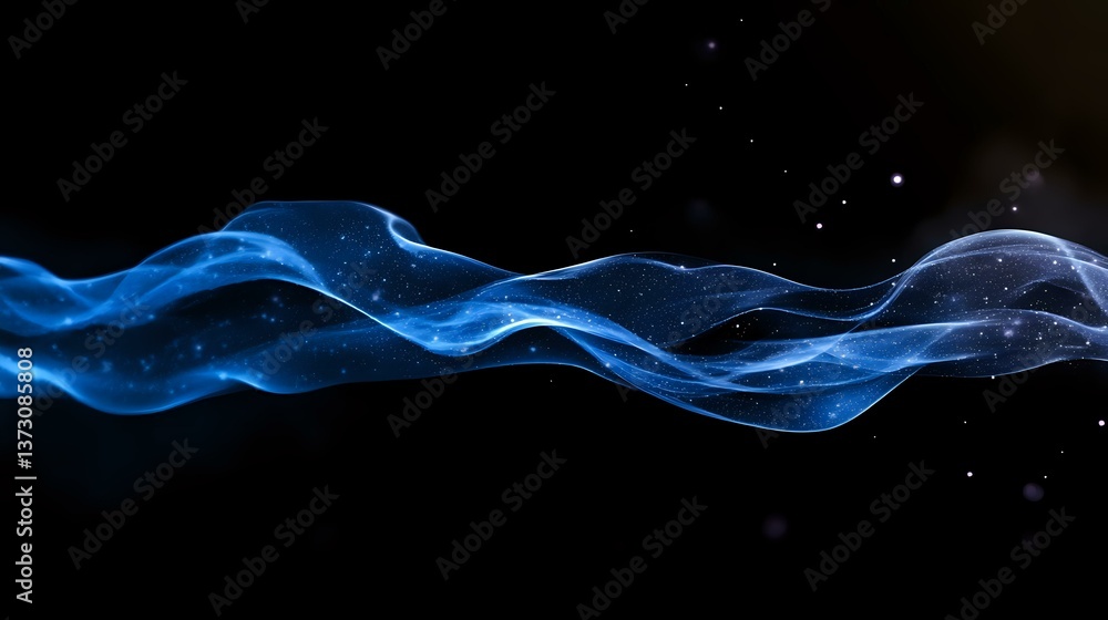 Poster glowing blue smoke waves flow horizontally against black background creating ethereal abstract patte