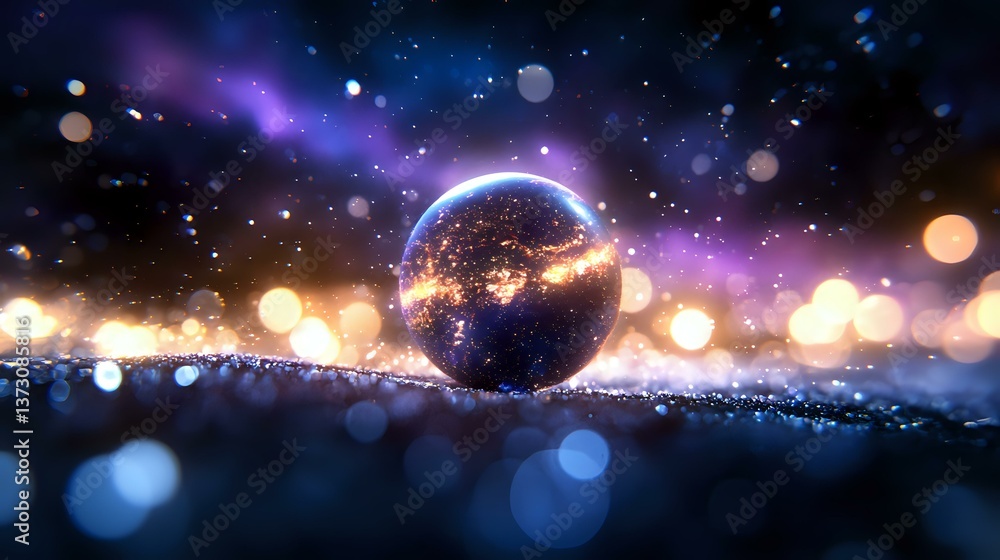 Poster glowing planet earth with city lights against cosmic background with aurora and bokeh effects, mysti